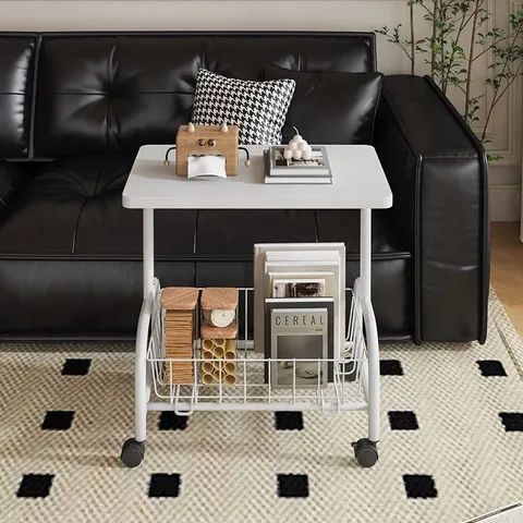 Petite Table d'Appoint de Canapé Minimaliste Moderne Meuble de Chevet Mobile Avec Panier de Rangement et Roulettes pour Salon Chambre