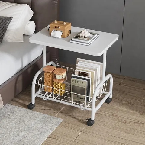 Petite Table d'Appoint de Canapé Minimaliste Moderne Meuble de Chevet Mobile Avec Panier de Rangement et Roulettes pour Salon Chambre