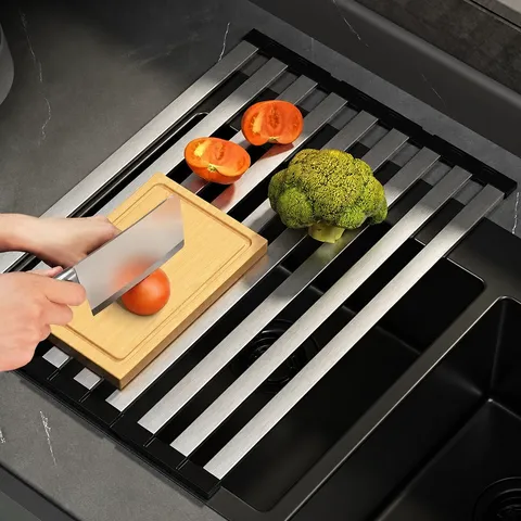 304 Stainless Steel Roll Up Dish Drying Rack Foldable Kitchen Sink Drainer Multi Purpose Heat Resistant Mat Organizer