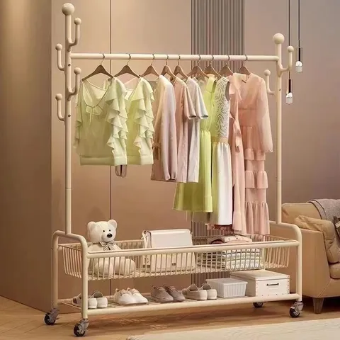 Modern Minimalist Metal Garment Rack Floor Standing Clothes Organizer With Double Hanging Rods And Storage Shelves For Bedroom
