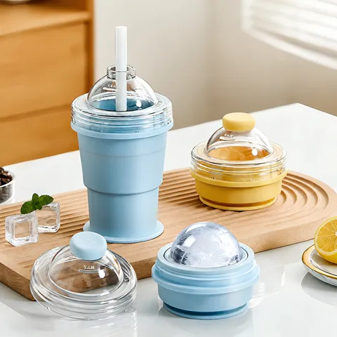 Tazza Pieghevole Portatile per Sfere di Ghiaccio Stampo in Silicone per Cubetti di Ghiaccio con Cannuccia Casa