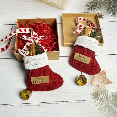 Ciondolo Calza di Natale Lavorato a Maglia Rosso Bianco Albero di Natale Ornamento Appeso Festa Festiva Decorazione Casa Regalo