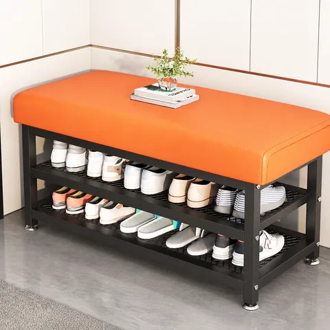 Panca Portascarpe da Ingresso Moderna Telaio in Metallo Sgabello Contenitore Imbottito Organizer a Doppio Ripiano per Corridoio