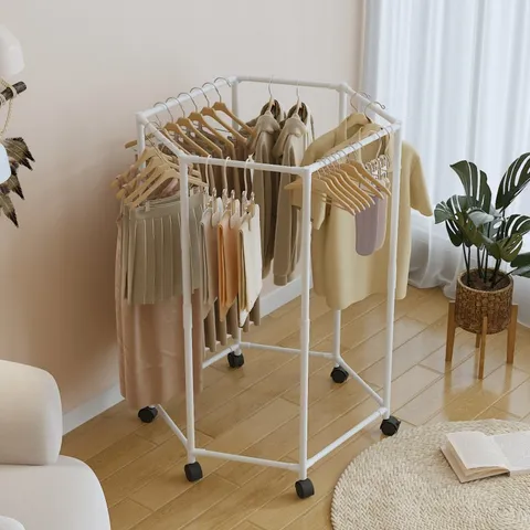 Household Hexagonal Multi Functional Clothes Rack Balcony Bedroom Floor Standing Thickened Stable Coat Hat Storage Rack