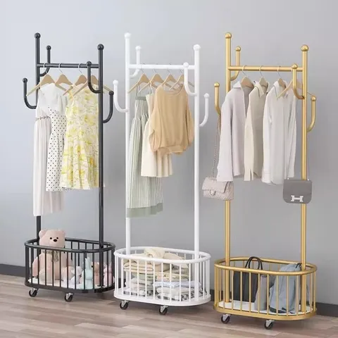 Metal Floor Standing Coat Rack Gold Garment Hanger With Storage Basket And Wheels For Bedroom Living Room Home Organization