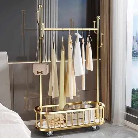 Metal Floor Standing Coat Rack Gold Garment Hanger With Storage Basket And Wheels For Bedroom Living Room Home Organization