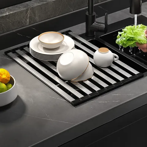 304 Stainless Steel Roll Up Dish Drying Rack Foldable Kitchen Sink Drainer Multi Purpose Heat Resistant Mat Organizer