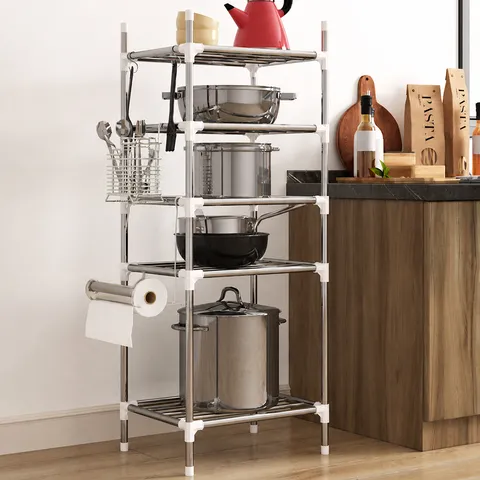 Semplice Scaffale da Cucina in Ferro Rinforzato Multifunzionale da Terra per Pentole Scaffale Domestico Mobile