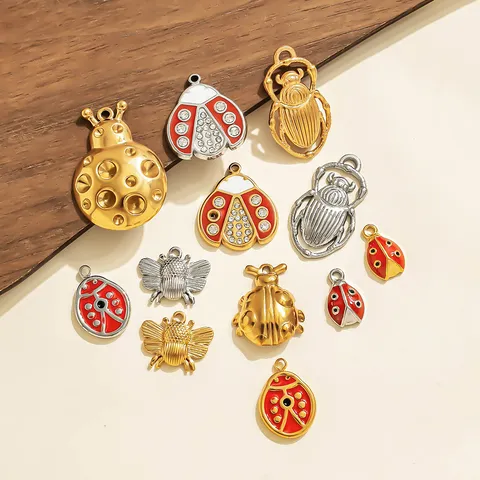 Vintage Stainless Steel Insect Pendants Ladybug Bee Beetle Charms Rhinestone Enamel DIY Jewelry Brooch Making Findings For Women