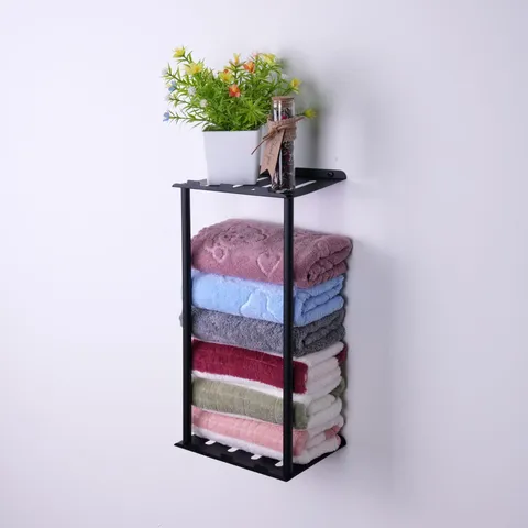 Wall Mounted Metal Towel Rack Tiered Bathroom Storage Shelf Kitchen Organizer Holder Black