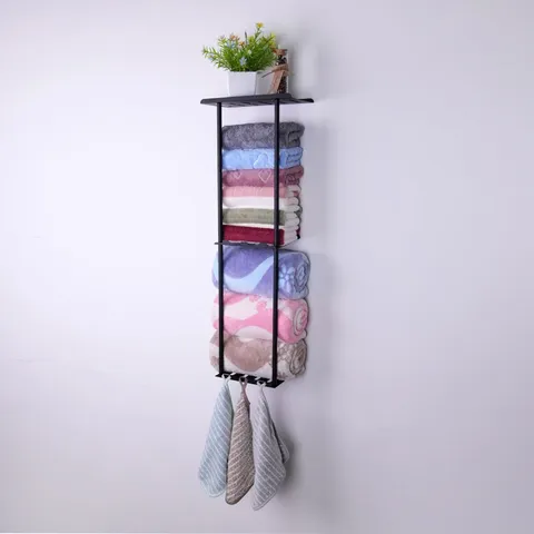 Wall Mounted Metal Towel Rack Tiered Bathroom Storage Shelf Kitchen Organizer Holder Black