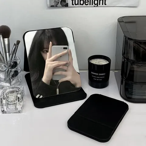 Specchio per Trucco da Tavolo Pieghevole Portatile Supporto in Pelle PU Vetro Trasparente Specchio Cosmetico per Dormitorio Casa