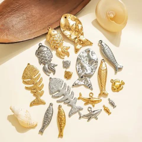 Stainless Steel Ocean Series Fish Pendants Hammered Koi Fish Bone Shark Charms For DIY Jewelry Making Rhinestone Pendants