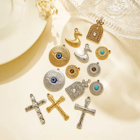Vintage Stainless Steel Pendant Charm Evil Eye Swan Cross Castle Round Disc Rhinestone DIY Jewelry Craft Accessories