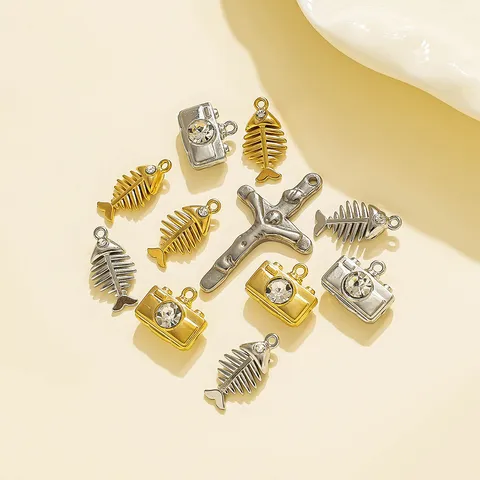 Stainless Steel Cross Fish Skeleton Camera Pendant DIY Jewelry Accessories Rhinestone Charms For Bag Keychain Craft Making