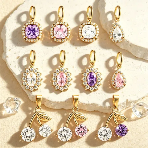 French Luxury Stainless Steel Zirconia Pendants Sunflower Cherry Square Sugar Cube Waterdrop Charms For DIY Jewelry Making Accessories