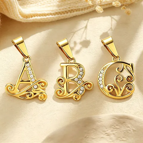 Pendentif Lettre en Acier Inoxydable avec Strass Motif Vague Plaqué Or Alphabet Charm pour Création de Bijoux DIY Femme