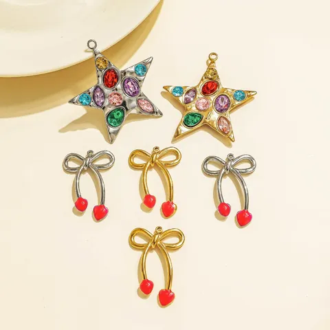 Stainless Steel Rhinestone Star Enamel Bow Cherry Heart Pendant Charms For DIY Necklace Clothing Hat Jewelry Making