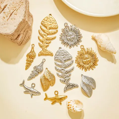 Stainless Steel Island Style Pendants For Jewelry Making DIY Charms Fishbone Sun Shark Conch Leaf Design Craft Supplies