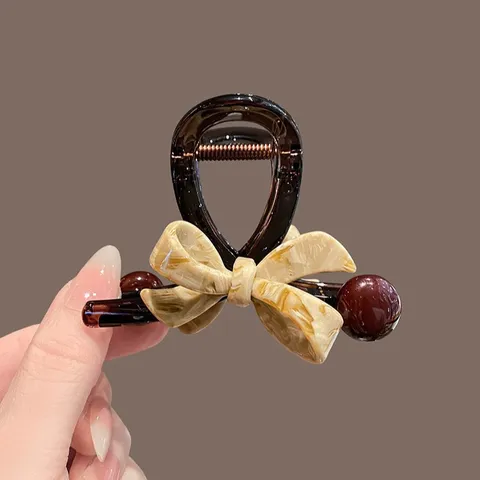 Vintage Strikknoop Haarklem Kleine Haargrijper Met Marmerpatroon en Kralen Decoratie Elegante Retro Haaraccessoire Voor Vrouwen