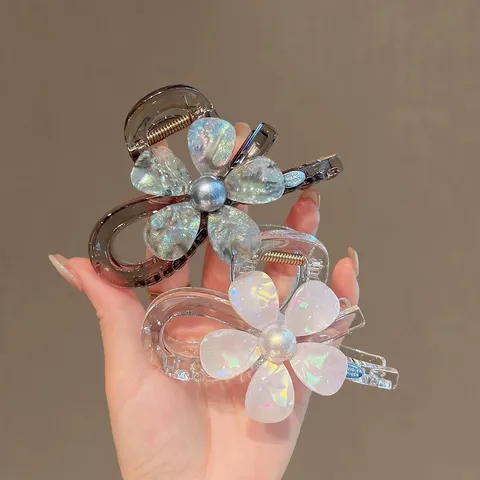 Koreanischer Stil Glänzender Glitzer Blumen Haarkralle Große Haifischclip Transparente Harz Künstliche Perle Elegante Haarklammer Für Damen Täglich