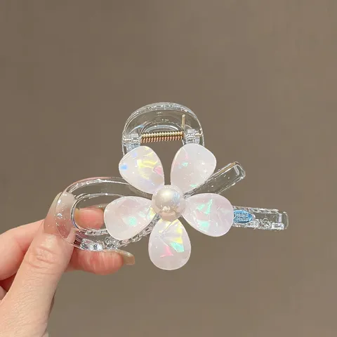 Koreanischer Stil Glänzender Glitzer Blumen Haarkralle Große Haifischclip Transparente Harz Künstliche Perle Elegante Haarklammer Für Damen Täglich