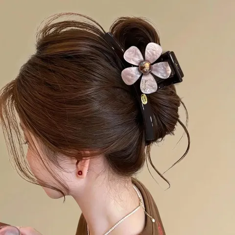 Elegante Molletta per Capelli in Resina a Forma di Fiore per Donna Clip a Squalo di Fascia Alta Etichetta Dorata Antiscivolo Grande Pinza per Capelli
