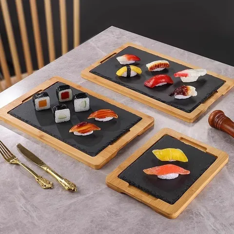 Rectangle Slate and Bamboo Wood Serving Tray Sushi Steak Plate Creative Dinnerware Restaurant Food Display Board