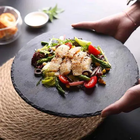 Japanese Style Natural Slate Dinner Plate Round Black Sushi Steak Plate Creative Food Presentation Serving Tray