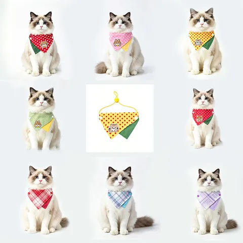 Bavoir pour Animal Double Face Utilisable Carreaux Serviette de Salive Broderie De Dessin Animé Mignon Chat Chien Écharpe de Cou Accessoires Mignons