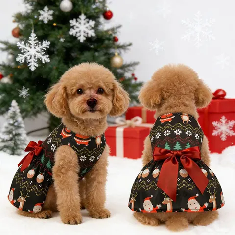 Robe de Noël pour Animal de Compagnie Chiot Chat Mignonne Tenue de Fête Polyester Nœud Papillon