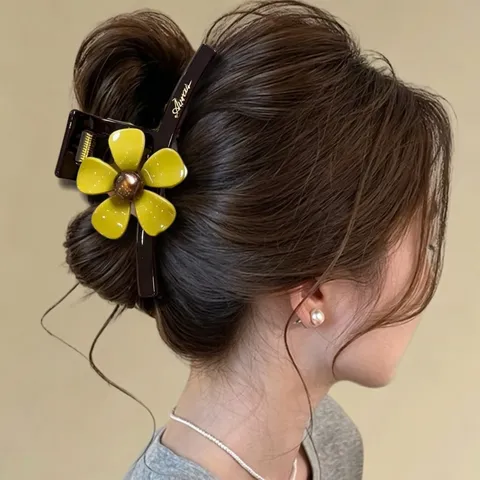 Elegante Molletta per Capelli in Resina a Forma di Fiore per Donna Clip a Squalo di Fascia Alta Etichetta Dorata Antiscivolo Grande Pinza per Capelli