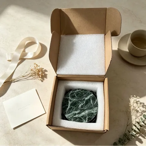 Natural Marble Coaster Set With Metal Holder Round Stone Cup Mat Gift Box For Home Kitchen Table Decor Drinkware