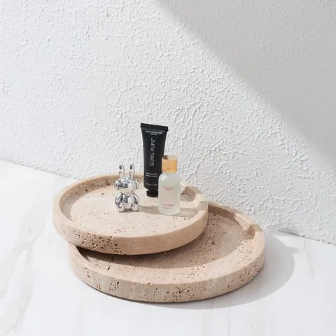 Natural Travertine Stone Decorative Tray Round Oval Storage Plate Luxury Home Decor Tray For Bathroom Vanity Table Top