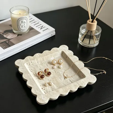 Natural Marble Travertine Lace Square Tray Luxury Entryway Jewelry Aromatherapy Tray For Home Decor Ornament