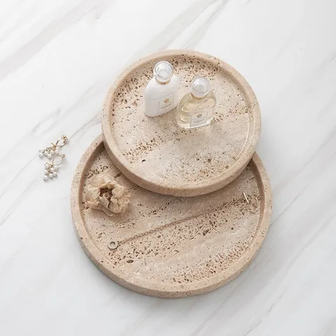 Natural Travertine Stone Decorative Tray Round Oval Storage Plate Luxury Home Decor Tray For Bathroom Vanity Table Top