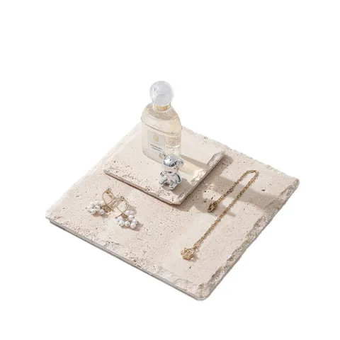 Natural Travertine Marble Flat Tray Wabi-Sabi Aesthetic Stone Decorative Tray For Home Decor Photography Props