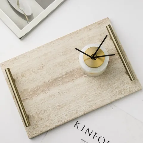 Natural Travertine Decorative Tray With Metal Handles Luxury Stone Storage Tray For Desktop Home Decor