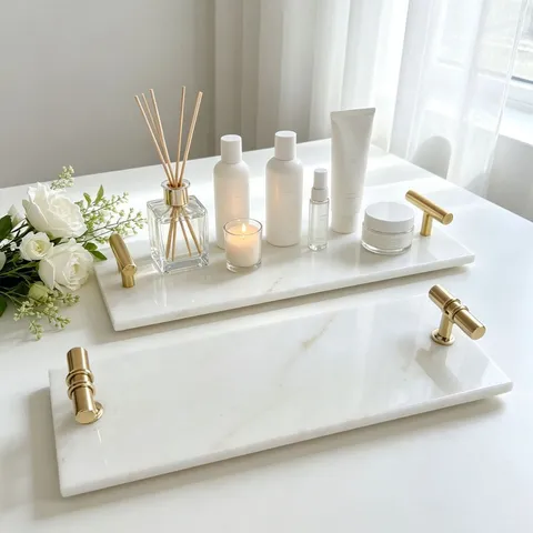 Bandeja De Almacenamiento De Mármol Blanco De Lujo Con Mango De Metal Dorado Bandeja Rectangular Decorativa Para Tocador Perfume Joyería