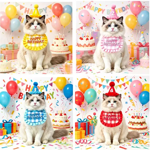 Pet Birthday Hat And Bib Set Cute Cat Dog Birthday Party Costume Plaid Saliva Towel Neck Scarf