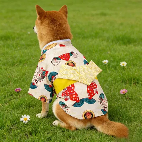 Vêtements pour Animaux de Style Kimono Japonais Printemps Été Mignon Chien Chat Robe Imprimé Traditionnel Nœud Vêtement Chiot
