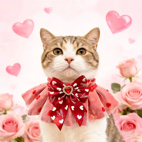 Bavoir pour animaux de style coréen pour la Saint-Valentin, chat et chien, bavoir en dentelle, nœud, cœur en strass, écharpe décorative pour chat, accessoires pour animaux