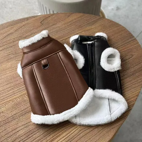 Pet Winter Warm PU Leather Vest Thickened Fleece Dog Coat Small Dogs Cats Puppy Clothing Apparel Jacket