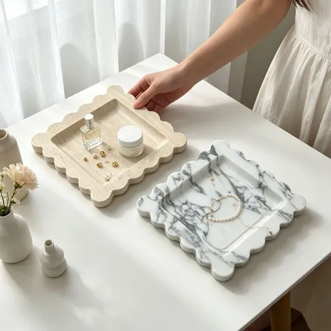 Natural Marble Travertine Lace Square Tray Luxury Entryway Jewelry Aromatherapy Tray For Home Decor Ornament