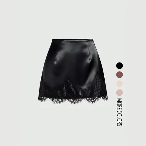 Women's Elegant Satin Lace Trim Patchwork Bodycon Short Skirt Solid Color Slim Fit Casual Party Mini Skirt