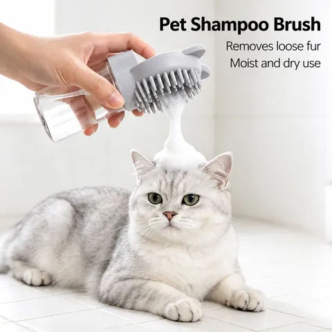 Pet Bath Brush Silicone Cat Dog Massage Grooming Brush Pet Shampoo Dispenser Soft Bristles Shedding Cleaning Tool
