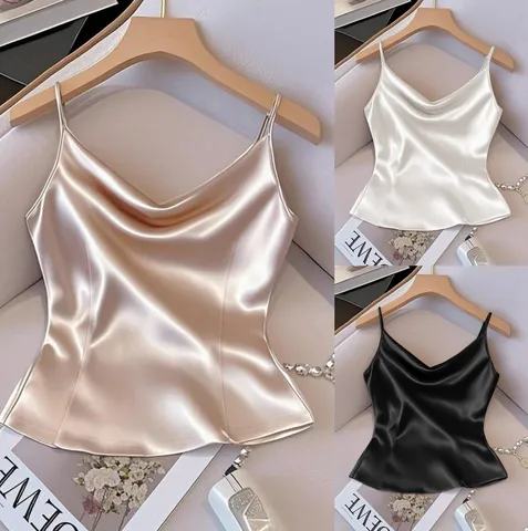 Women's Casual Solid Color Satin V-Neck Spaghetti Strap Camisole Slim Fit Basic Sleeveless Tank Top Elegant Fashion Apparel