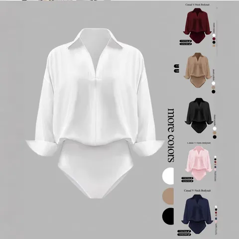 Women's Casual V-Neck Solid Color Long Sleeve Bodysuit Elegant Polyester Regular Fit Office Lady Fashion Apparel