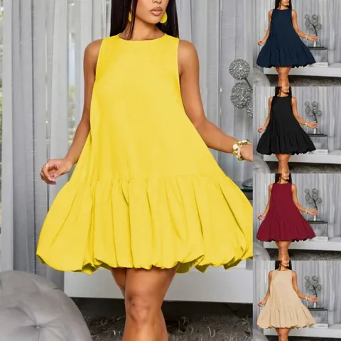 Donne Casual Estate Tinta Unita Mini Abito A Trapezio Largo Senza Maniche Girocollo Orlo A Palla Elegante Abito Da Festa