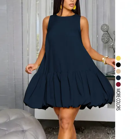 Donne Casual Estate Tinta Unita Mini Abito A Trapezio Largo Senza Maniche Girocollo Orlo A Palla Elegante Abito Da Festa